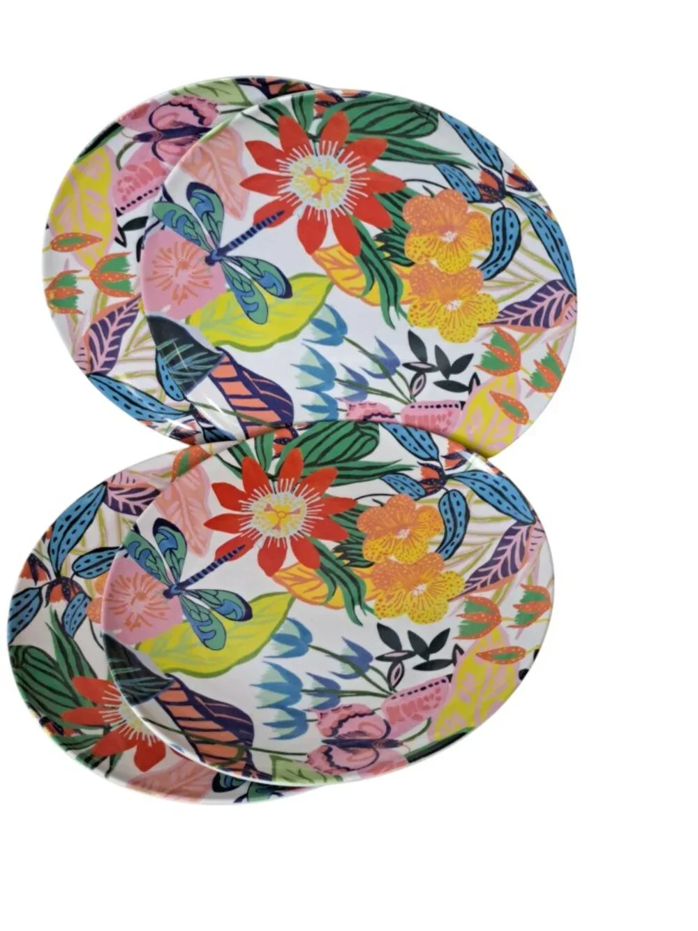 Anthropologie Lot Of 4 Melamine Plates Dragonfly Flowers 10 1/2
